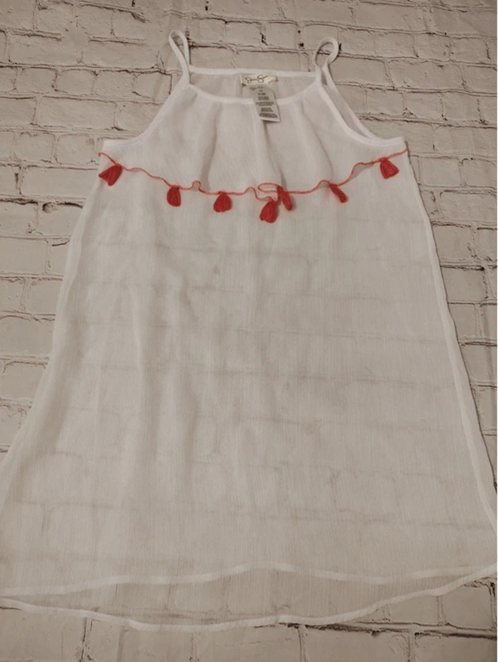 Jessica Simpson Girls' White Summer Dress with Red Tassel Tr